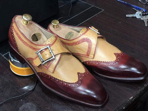 Men's Tan Burgundy Wing Tip Monk Leather Shoes - leathersguru