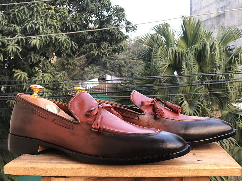 Bespoke Burgundy Black Tussle Loafer Leather Shoe for Men - leathersguru