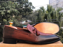 Load image into Gallery viewer, Bespoke Burgundy Black Tussle Loafer Leather Shoe for Men - leathersguru
