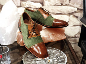Handmade Men's Brown Green Leather Suede  Cap Toe Shoes - leathersguru