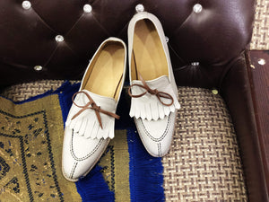 Handmade Men's White Leather Split Toe Fringe Shoes - leathersguru