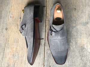 Bespoke Gray Leather Fringe Buckle Up Shoe for Men - leathersguru