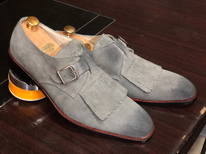 Bespoke Gray Leather Fringe Buckle Up Shoe for Men - leathersguru
