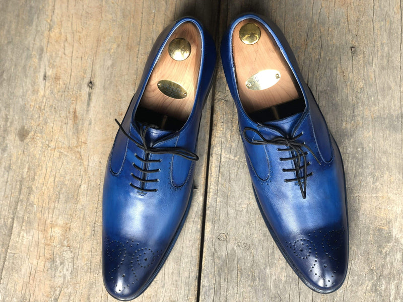 Handmade Blue Leather Brogue Pointed Toe Lace Up Shoe - leathersguru