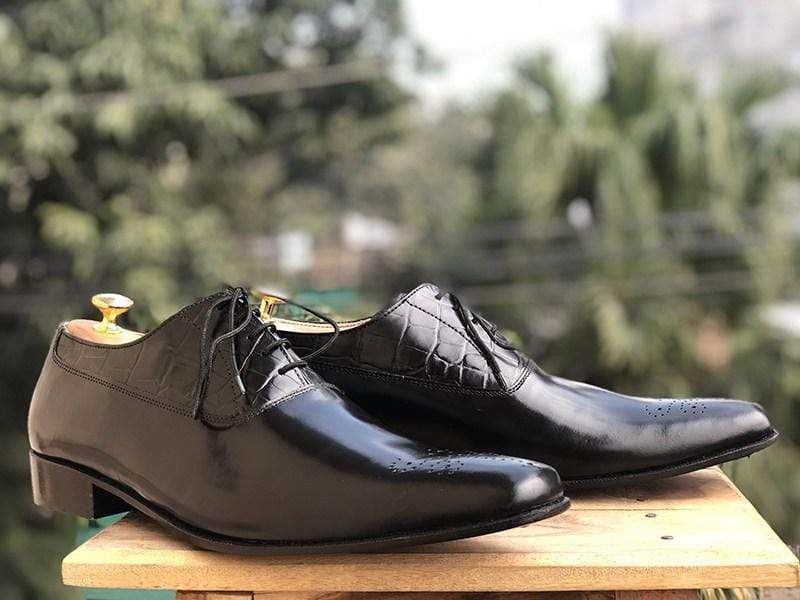 Handmade Black Leather Brogue Pointed Toe Shoe - leathersguru