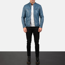 Load image into Gallery viewer, Ionic Blue Leather Biker Jacket For Men&#39;s
