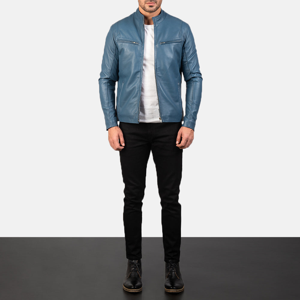 Ionic Blue Leather Biker Jacket For Men's | leathersguru