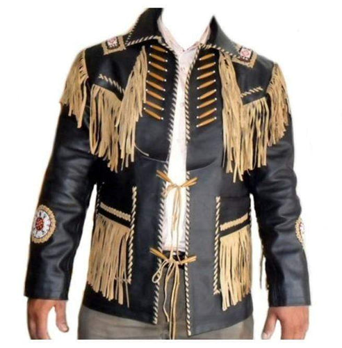 Men's Leather Jacket Western Wear Cowboy Black Beige Fringe Jacket - leathersguru