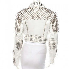 Load image into Gallery viewer, Leather Rider Womens For Mens Silver Tone Studded White Leather Jacket
