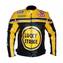 Load image into Gallery viewer,  Lucky strike yellow &amp; black biker leather jacket
