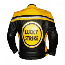 Load image into Gallery viewer,  Lucky strike yellow &amp; black biker leather jacket
