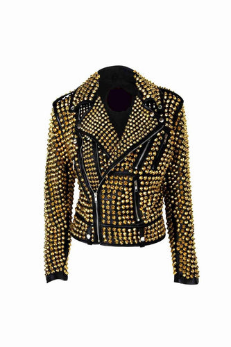 Luxury Woman Black Punk Golden Studded Cowhide Leather Jacket - leathersguru