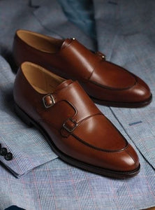 Luxury Hand Painted Men's Double Buckle Brown Leather Shoes, Men's Split Toe Shoes