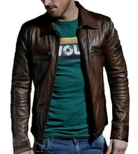 Load image into Gallery viewer, Men Genuine leather slim fit distress slim fit biker jacket - leathersguru
