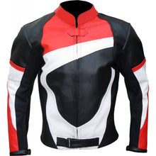 Load image into Gallery viewer, MENS BIKER LEATHER BLACK RED WHITE BIKER LEATHER JACKET FOR MEN&#39;S
