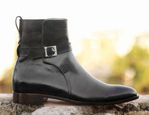 Handmade Black Jodhpurs Leather Ankle High Buckle Up Boots - leathersguru