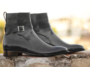 Handmade Black Jodhpurs Leather Ankle High Buckle Up Boots - leathersguru