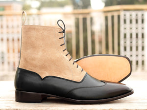 Ankle High Black & Beige Wing Tip Leather Suede Boot - leathersguru
