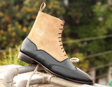 Load image into Gallery viewer, Ankle High Black &amp; Beige Wing Tip Leather Suede Boot - leathersguru
