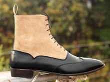 Load image into Gallery viewer, Ankle High Black &amp; Beige Wing Tip Leather Suede Boot - leathersguru
