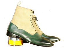 Load image into Gallery viewer, Handmade Beige Green Wing Tip Lace Up Boots for Men - leathersguru
