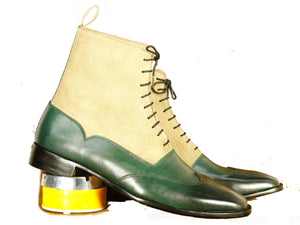 Handmade Beige Green Wing Tip Lace Up Boots for Men - leathersguru