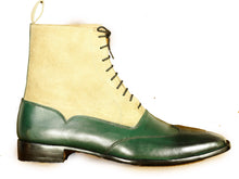 Load image into Gallery viewer, Handmade Beige Green Wing Tip Lace Up Boots for Men - leathersguru
