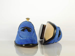 Handmade Royal Blue Suede Moccasins Loafer Shoes - leathersguru
