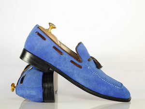 Handmade Royal Blue Suede Moccasins Loafer Shoes - leathersguru