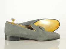 Load image into Gallery viewer, Bespoke Gray Tussles Penny Loafer Suede Shoes - leathersguru
