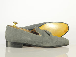 Bespoke Gray Tussles Penny Loafer Suede Shoes - leathersguru