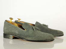 Load image into Gallery viewer, Bespoke Gray Tussles Penny Loafer Suede Shoes - leathersguru
