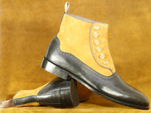 Load image into Gallery viewer, Ankle Boot Black Tan Button Top Leather Suede,Men&#39;s Stylish Boot
