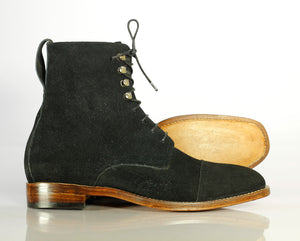 Ankle High Black Cap Toe Lace Up Suede Boots - leathersguru
