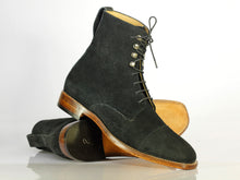 Load image into Gallery viewer, Ankle High Black Cap Toe Lace Up Suede Boots - leathersguru
