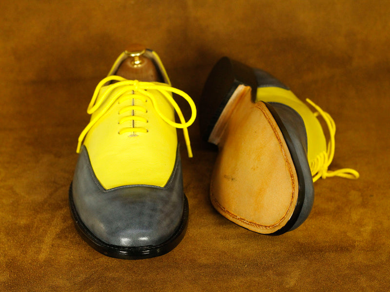 Two Tone Gray Yellow Leather Lace Up Shoes For Men's