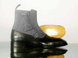 Ankle Boot Triple Monk Black Grey Leather Suede For Men's