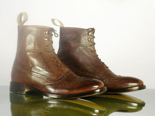 Ankle High Brown Wing Tip Brogue Lace Up  Leather Boots - leathersguru