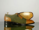 Brown Green Leather Suede Cap Toe Lace Up Shoes,Handmade Party Shoes
