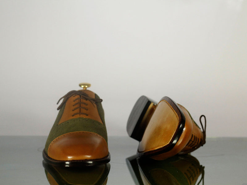 Brown Green Leather Suede Cap Toe Lace Up Shoes,Handmade Party Shoes