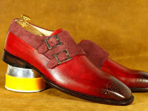 Handmade Burgundy Double Monk brogue Leather Shoes, Men's Fashion Shoes