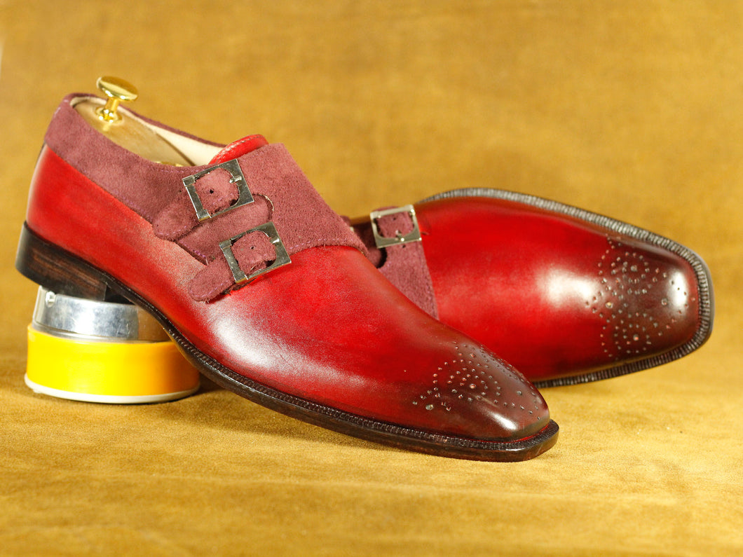 Handmade Burgundy Double Monk brogue Leather Shoes, Men's Fashion Shoes