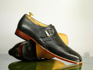 Hand Painted Black Monk Strap Brogue Toe Men's Fashion Shoes