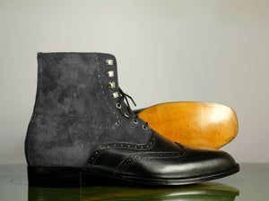 Ankle High Black & Gray Wing Tip Leather Suede Boots - leathersguru