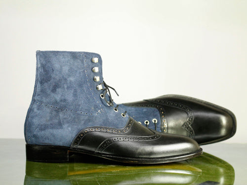 Ankle High Black & Blue Wing Tip Leather Suede Boots - leathersguru