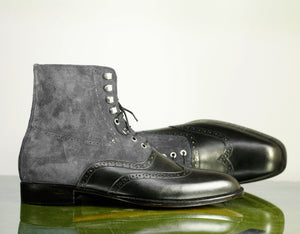 Ankle High Black & Gray Wing Tip Leather Suede Boots - leathersguru