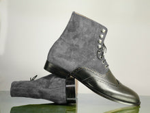 Load image into Gallery viewer, Ankle High Black &amp; Gray Wing Tip Leather Suede Boots - leathersguru
