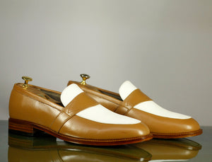 Men's Brown White Stylish Penny Loafer Leather Oxford Shoes
