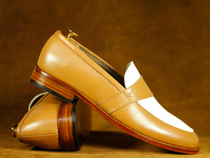 Men's Brown White Stylish Penny Loafer Leather Oxford Shoes