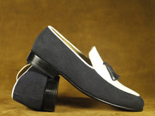 Load image into Gallery viewer, Bespoke Men&#39;s Black White Cotroy Leather Loafer Tussle Stylish Shoes,
